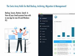 Graphic of person at desk juggling email and message icons next to mail backup window