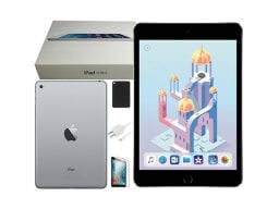 Silver ipad with castle illustration on home screen with back of ipad and box next to it