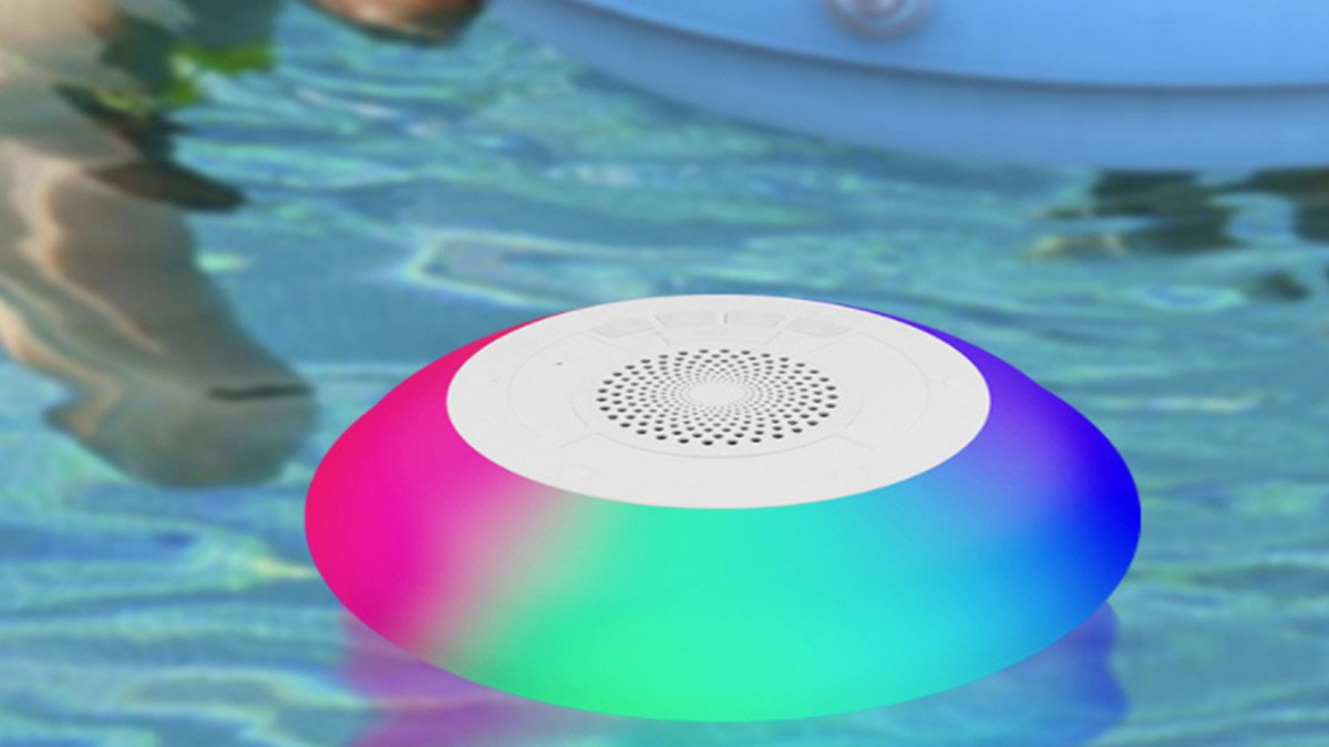 Rainbow LED speaker floating in pool