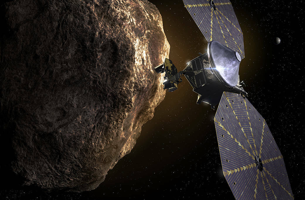 a spacecraft passing a Trojan asteroid