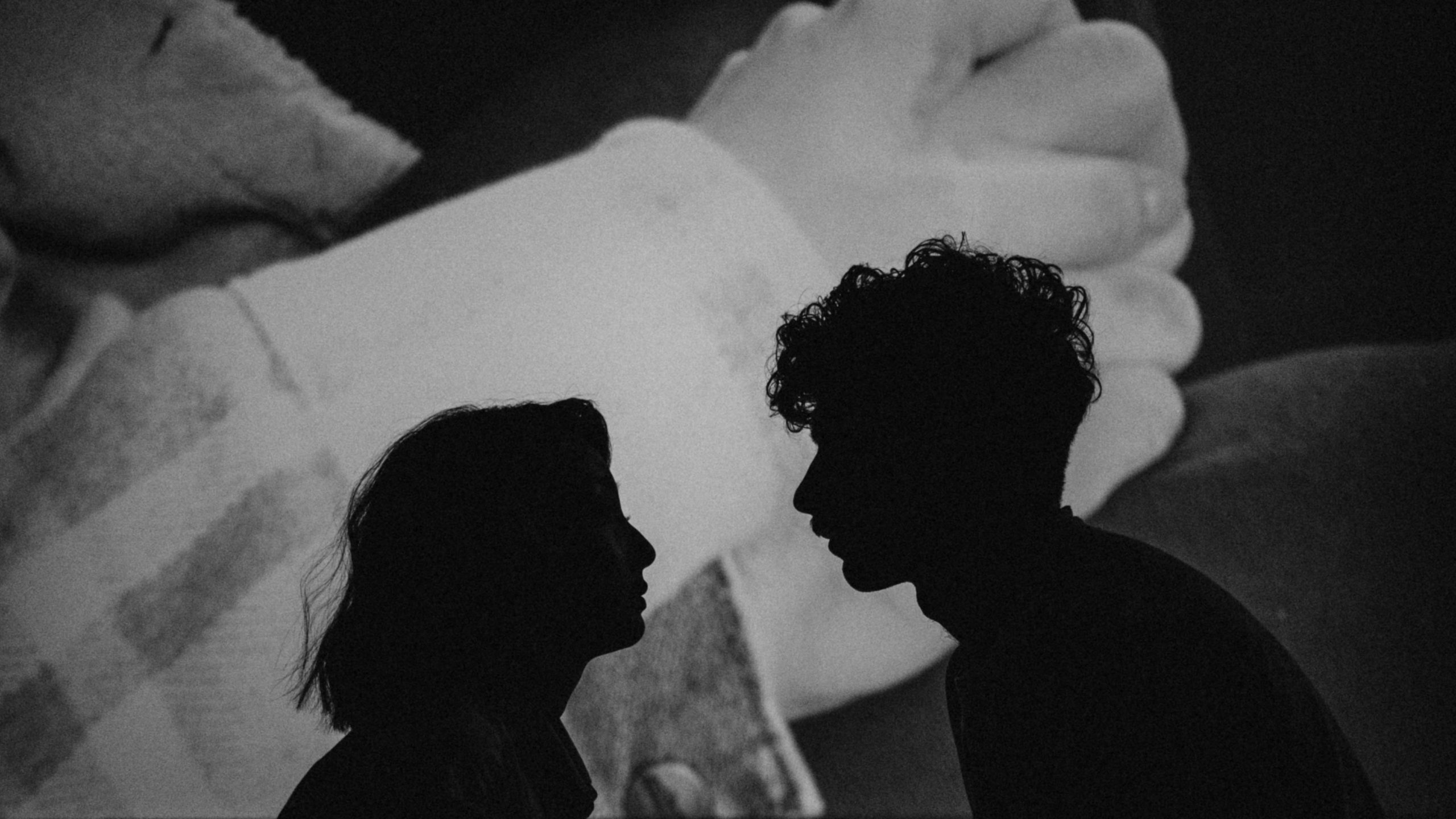 Shadows of two heads facing each other in front of projected image