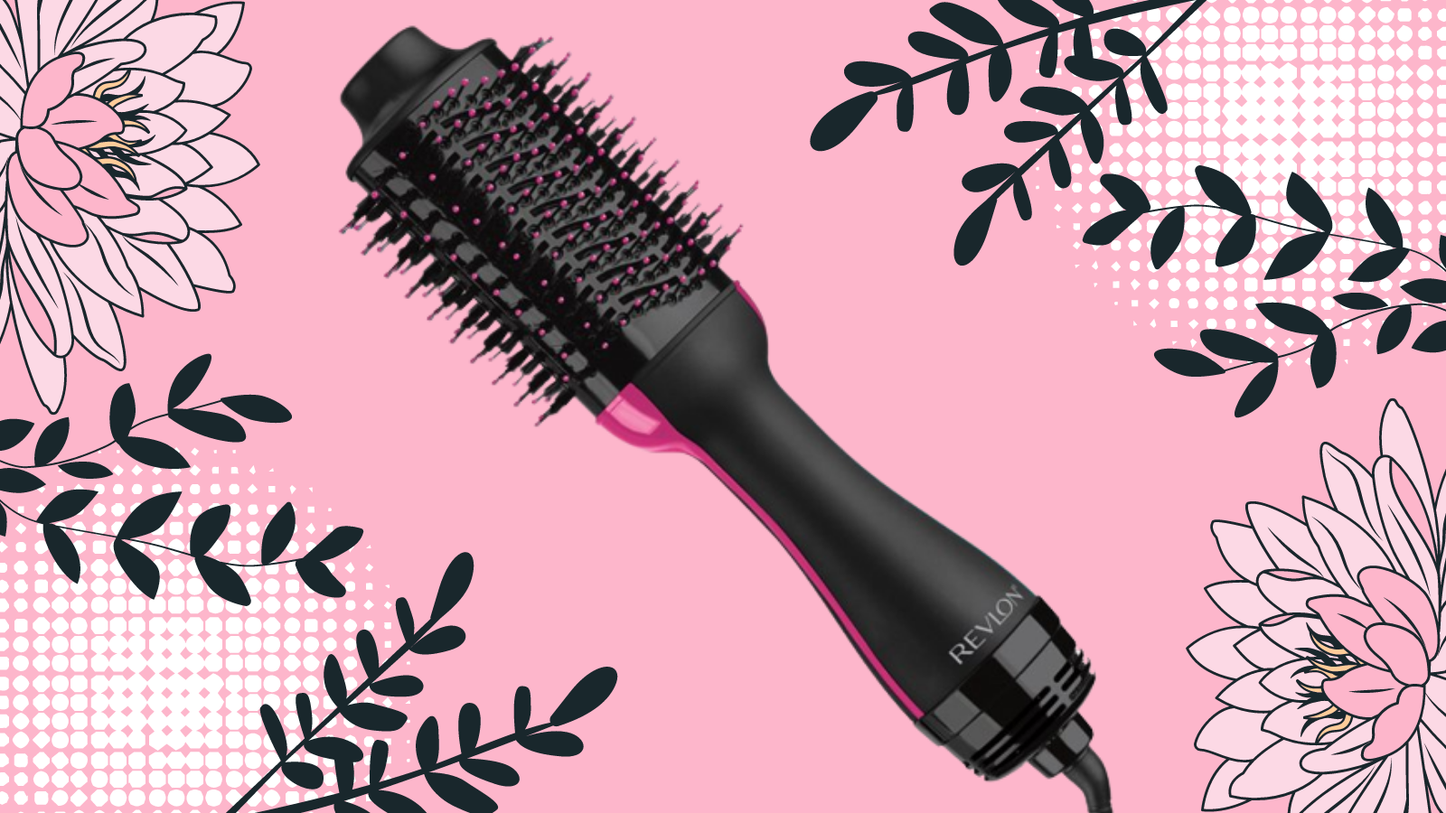 revlon one-step hot brush with pink floral background