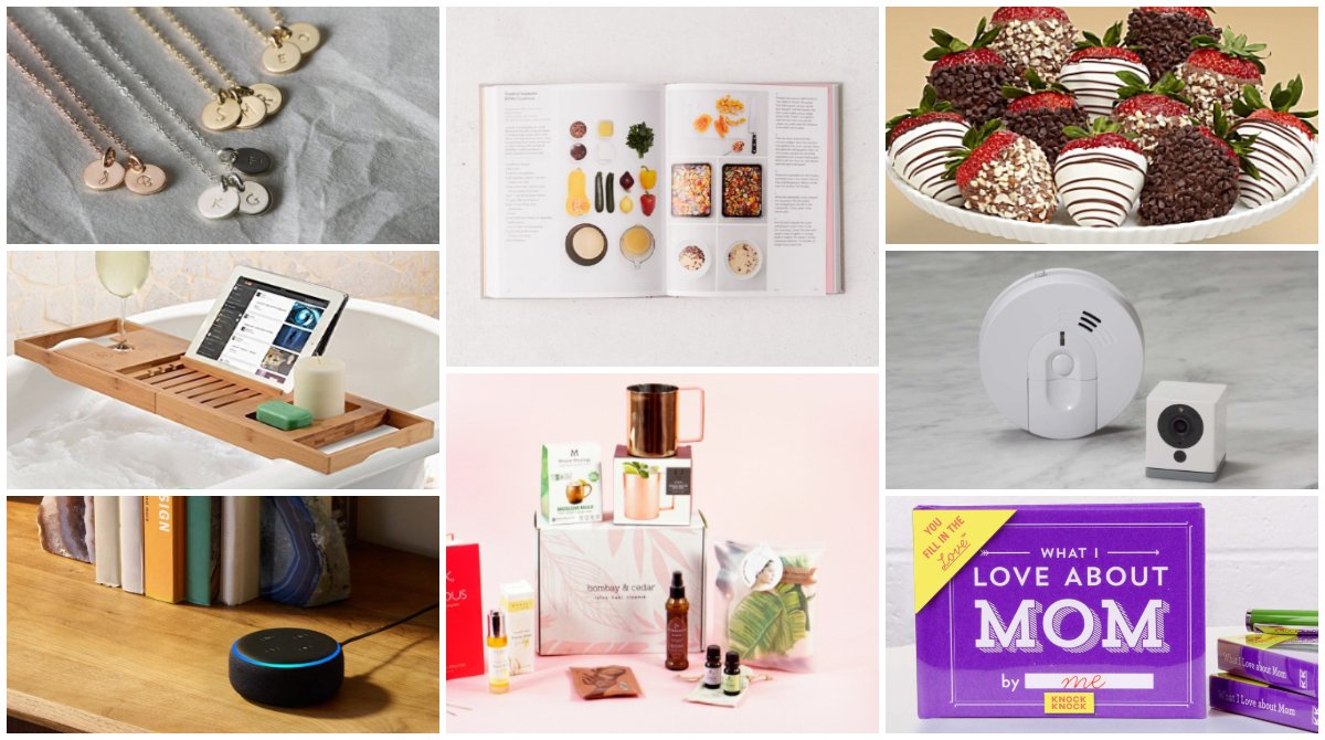 Collage of necklace, books, chocolate-covered strawberries, bath tray, amazon echo, robot vacuum, card set, and gift box