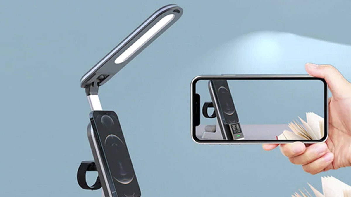 Phone taking picture of lamp with ledge for holding phone