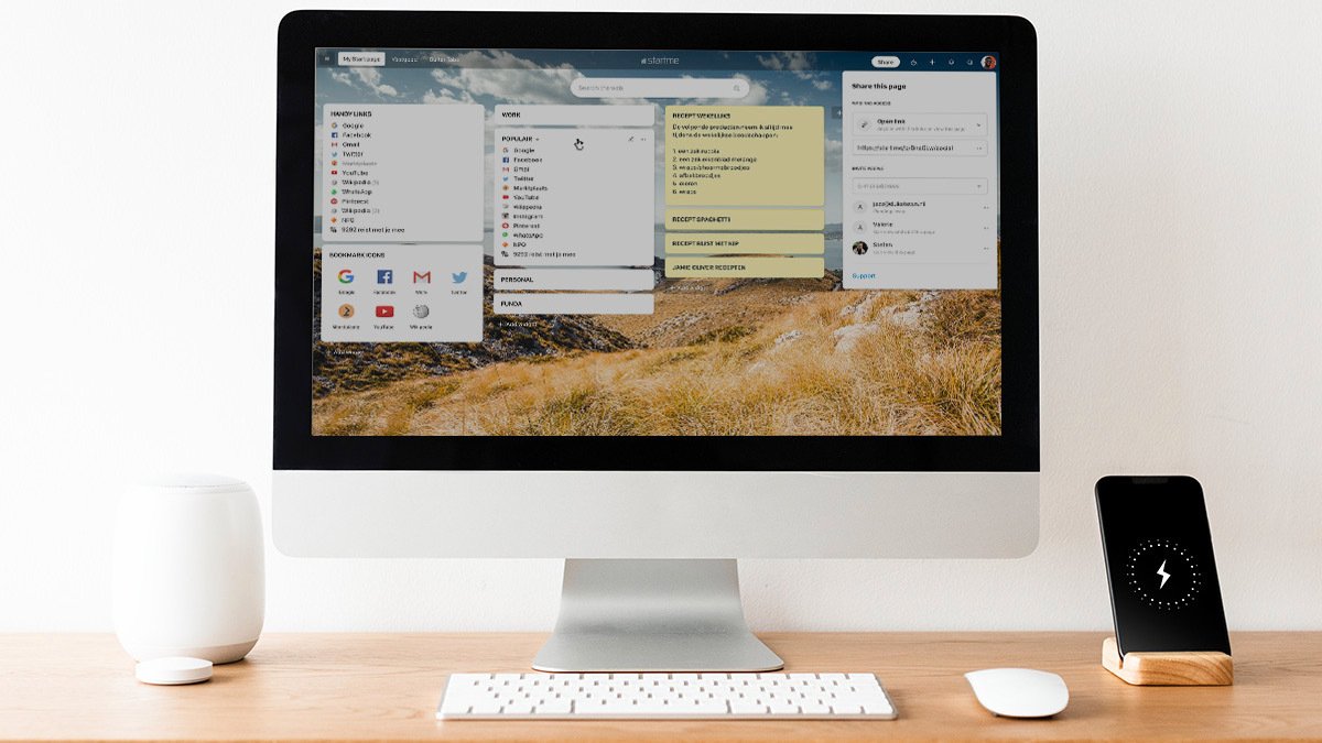 Desktop computer with productivity tabs on screen