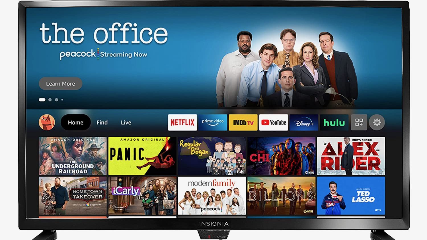 Black TV with TV shows and streaming service banners on screen, with The Office featured above all
