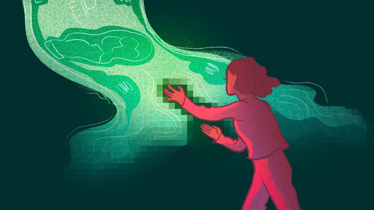 Woman reaches for an oversized, pixelated dollar bill.