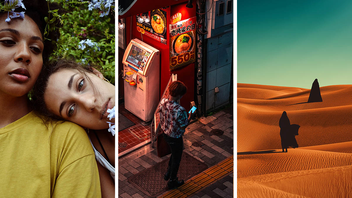 Triptych of two people with flowers, person standing in dark ramen shop, and two people wearing black in desert