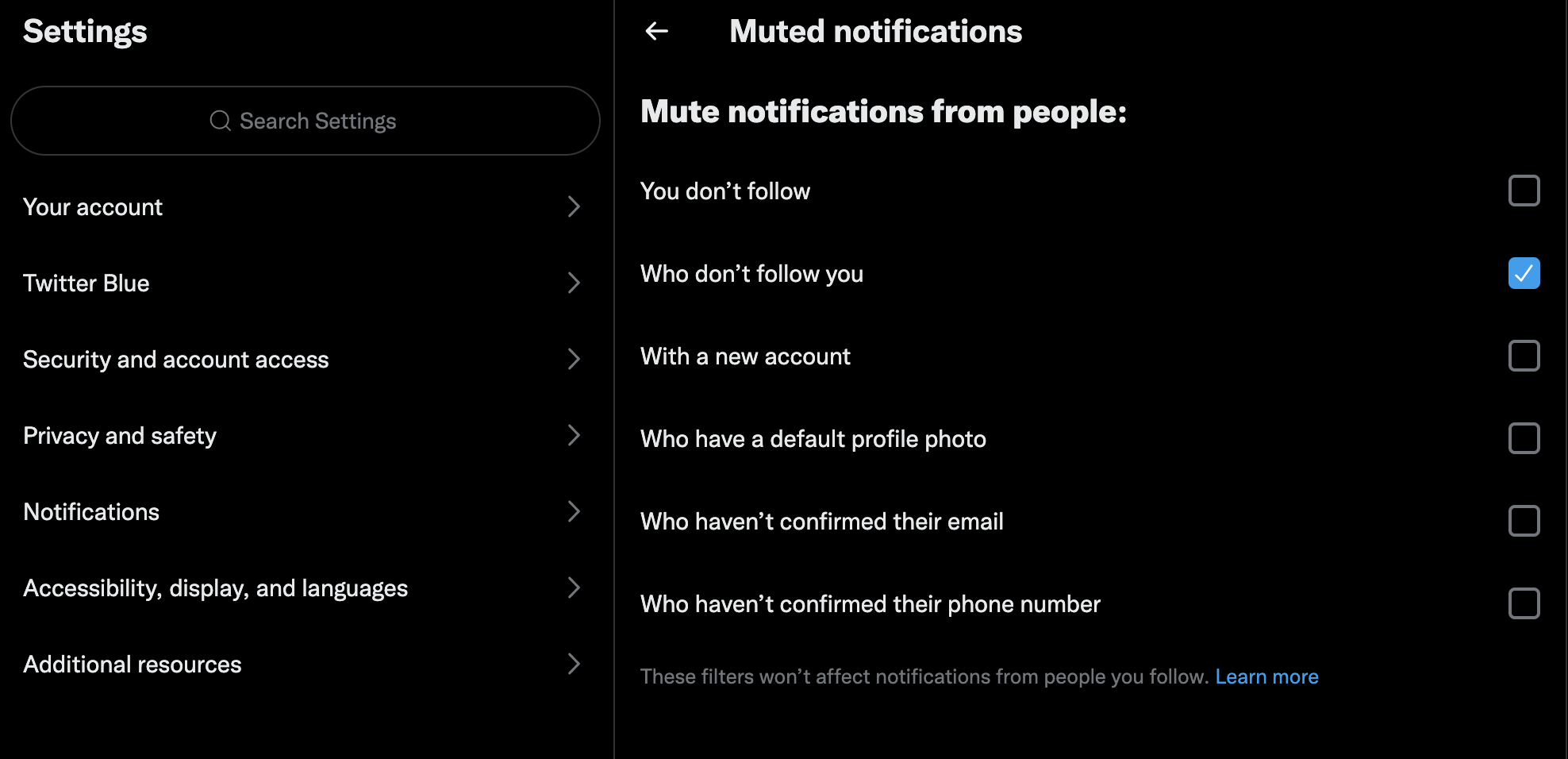 Twitter settings menu for privacy and security
