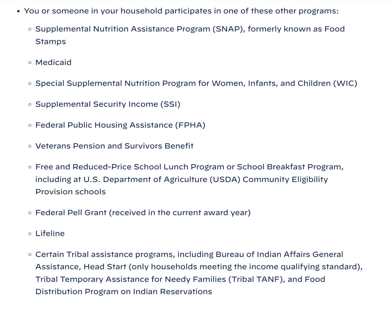 List of federal qualifications for affordable broadband internet