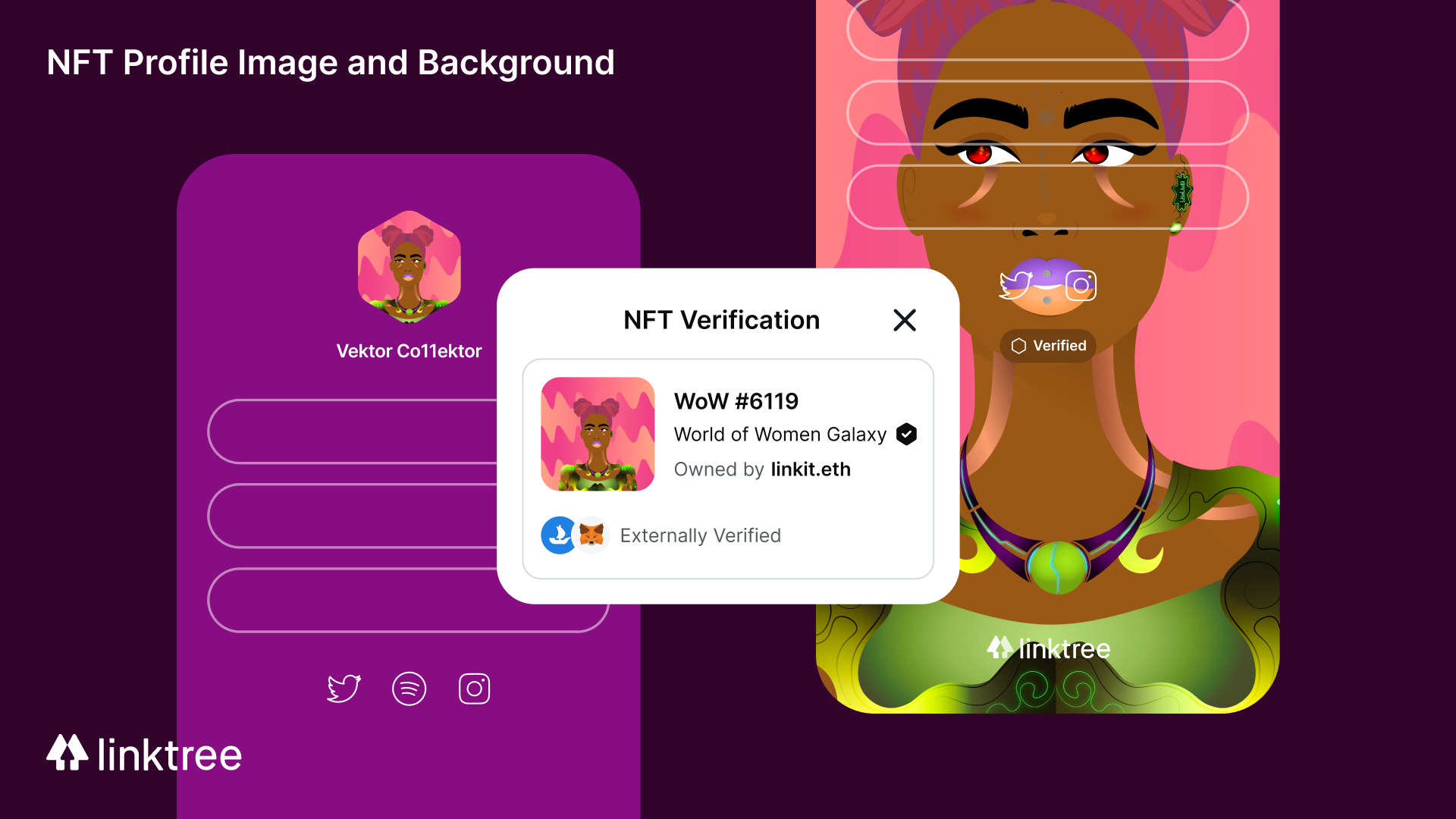 An illustration of Linktree's NFT features pictured on a phone, displaying how an NFT would be verified.