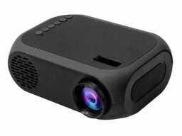 Black projector with purple and blue light in lens