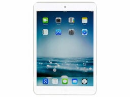 White ipad with blue waves for background