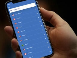 Phone screen with countries listed