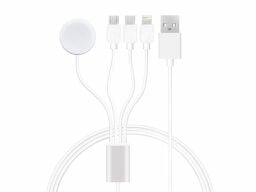 White charger with three usb-c plugs, one lightning charger, and a usb cable