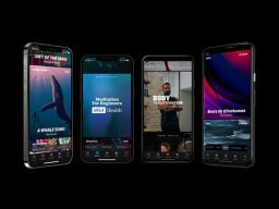 Four phone screens showing meditation, workout, and ASMR videos