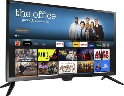 Diagonal view of black TV with TV shows and streaming service banners on screen, with The Office featured above all