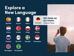 Country flag icons with language names under them, next to person looking into distance with german text in speech bubble