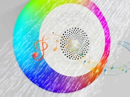 Speaker with rainbow rim and music notes coming out of it behind spray of water