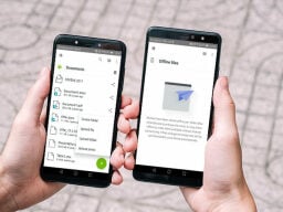 Two phones with Koofr windows showing files open