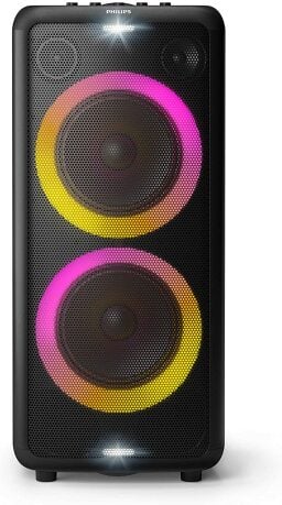 Black speaker with pink and yellow lights