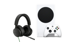 an xbox stereo headset next to an xbox series s console with its controller