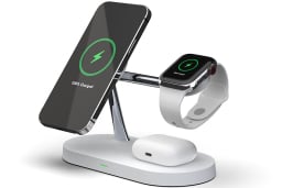 Charging stand with phone, watch, and earbud case charging