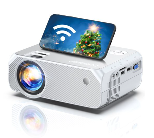 white projector with phone on display