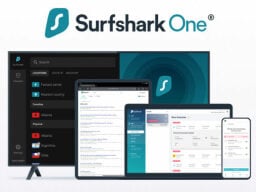 Computer, tablet, and phone screens with surfshark vpn window open