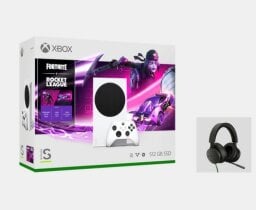 packaging for the xbox series s - fortnite & rocket league bundle next to an xbox stereo headset