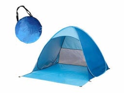 Blue tent with folded-up version with handle above it