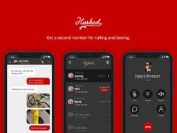 Three phones with texting and call screens over red background