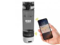 Water bottle with silver base and hand holding phone playing music next to it