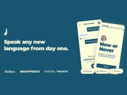 Phone screen images with spanish conversation and topic next to ad text