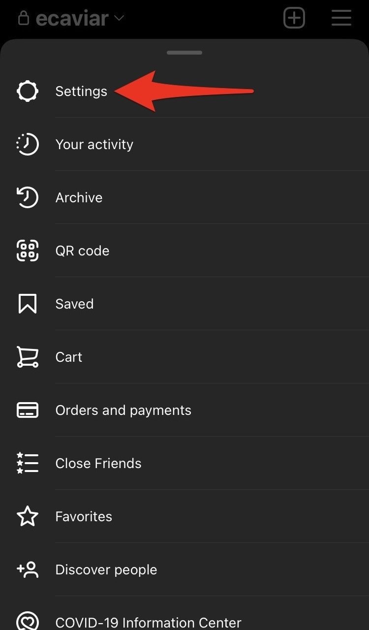 Screenshot of Instagram with a red arrow pointing to "Settings."