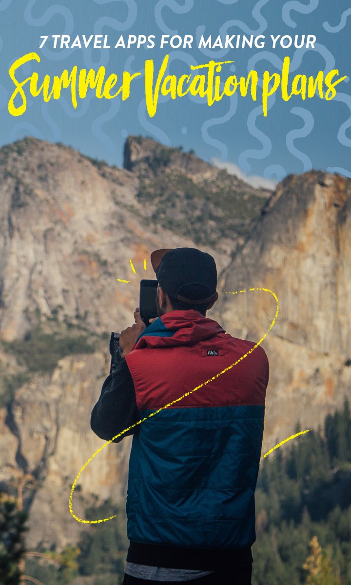 Illustration of a man viewing mountains through a smartphone 