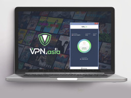 Laptop with vpn.asia screen over logo background