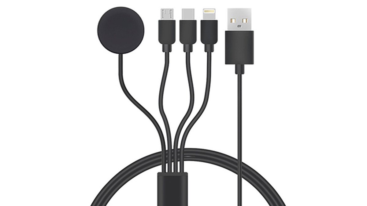 Black charging cable with four ports and USB head