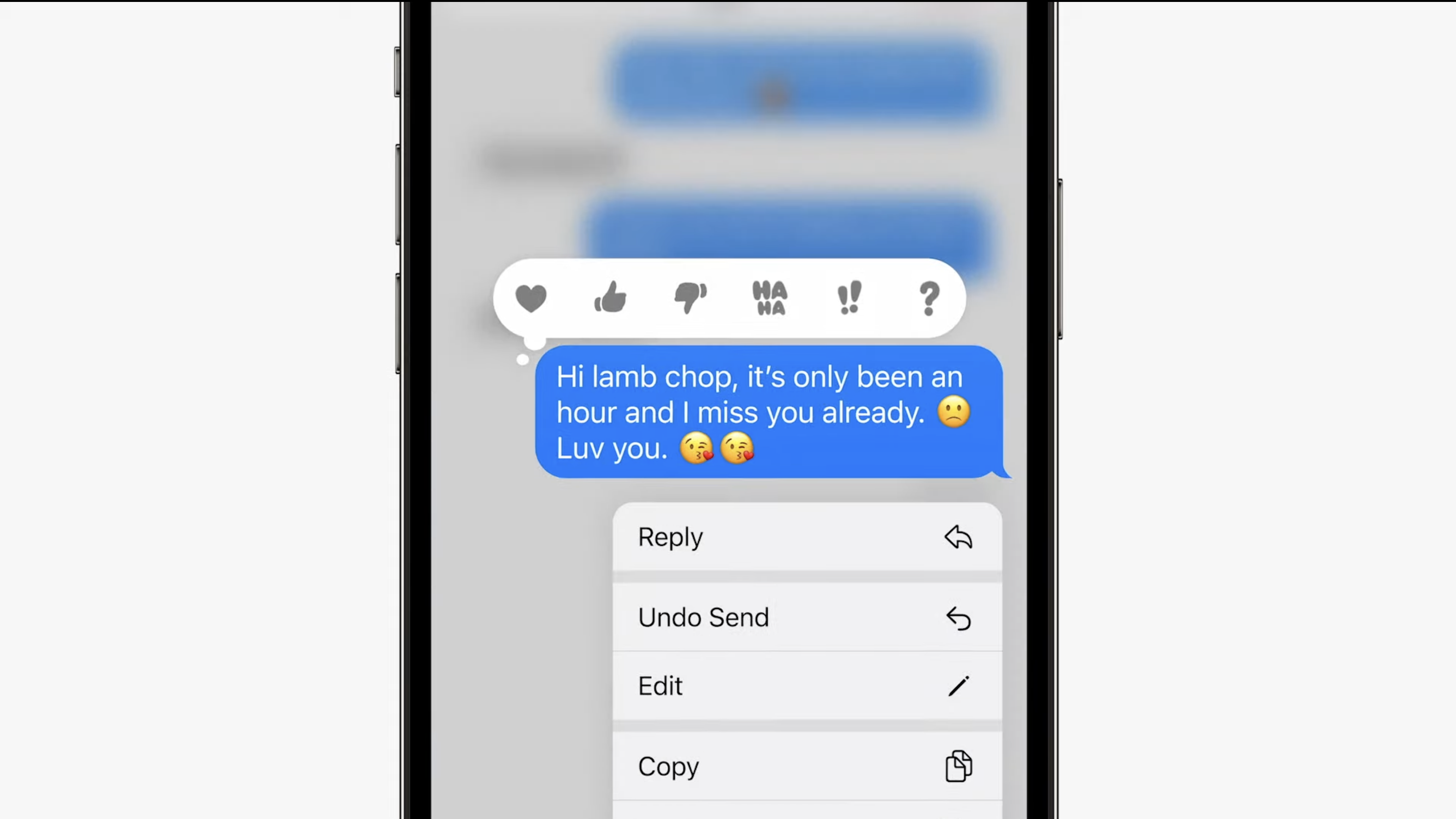 A screenshot of a message in imessage shows options to reply, undo send, edit. and copy.