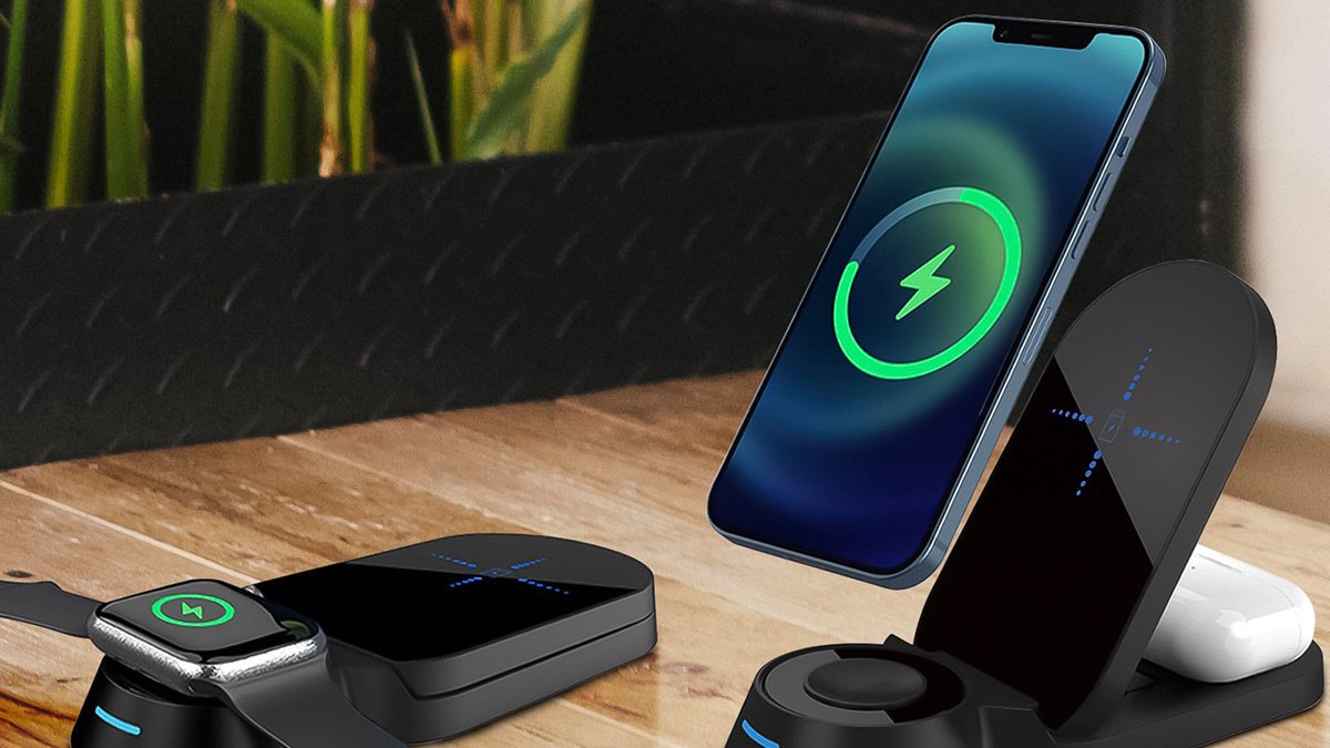 Black charging stand with phone on it next to black charging pad with stand flipped down with apple watch