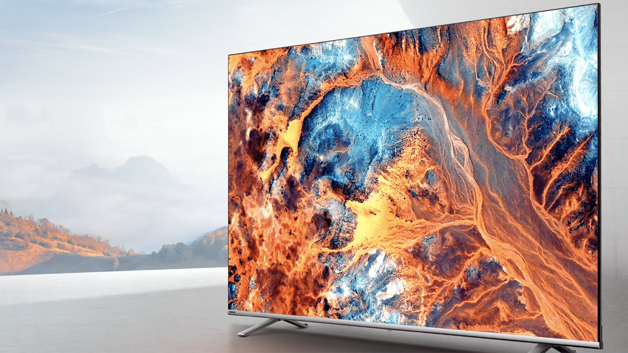 Toshiba 4K TV with blue and orange screensaver