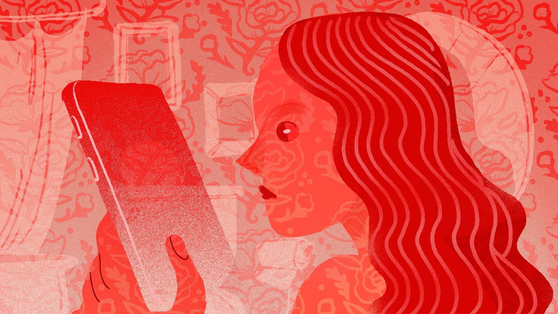 Red illustration of a woman with long hair looking at a phone.