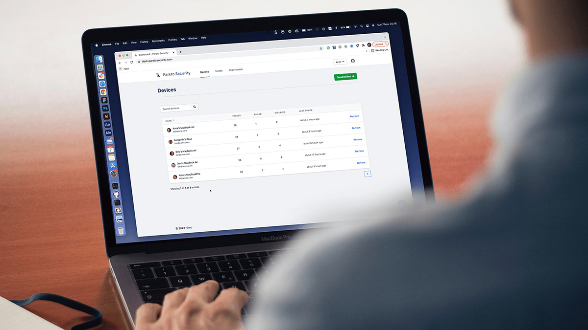 Laptop screen showing pareto security personal homepage with person looking at it 