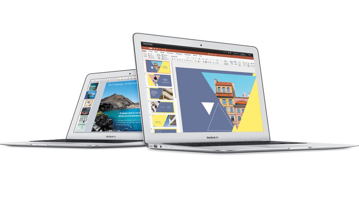 Two silver macbook airs with powerpoint presentation open on one and pdf open on the other