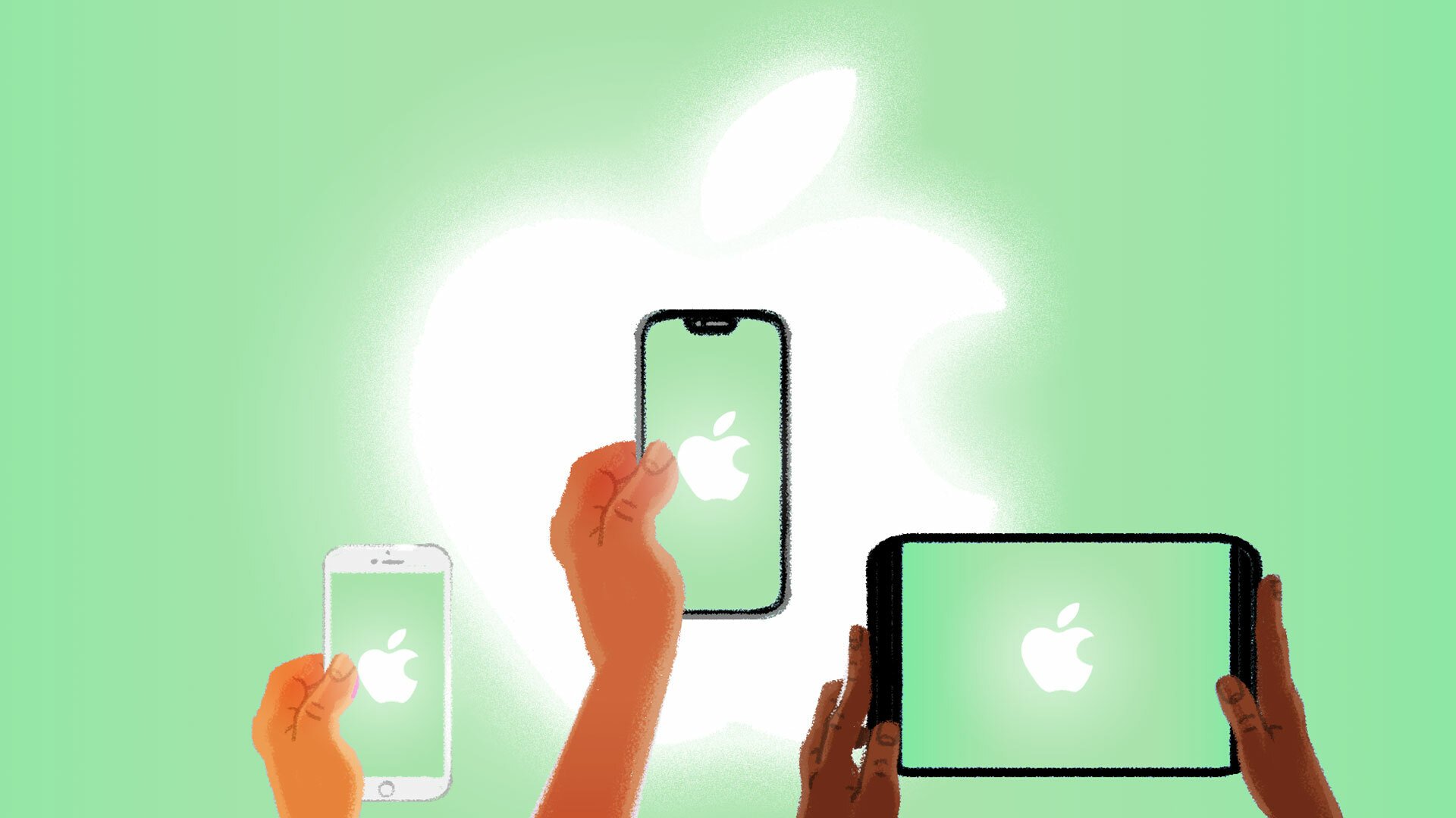 An illustration of hands holding Apple products, in front of a glowing white and green Apple logo.