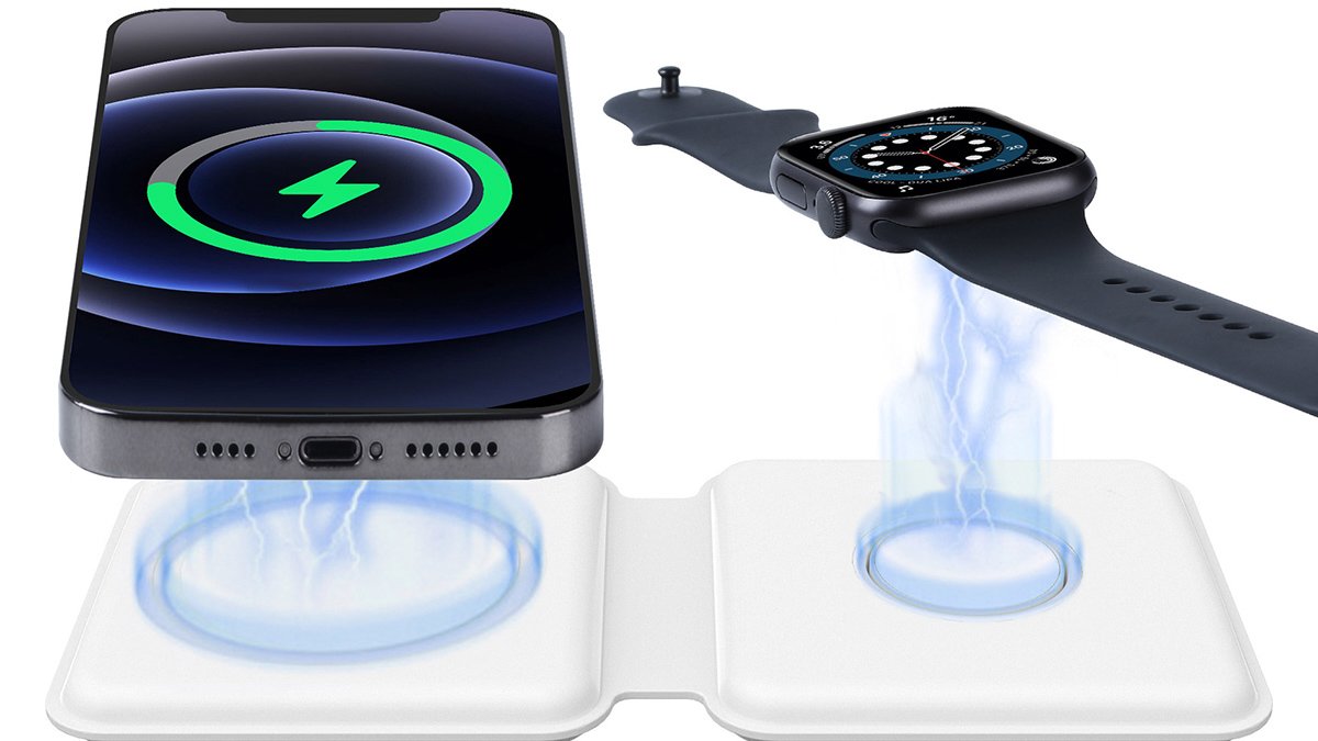 Phone and apple watch hovering over white charger with blue lightning energy graphics between.