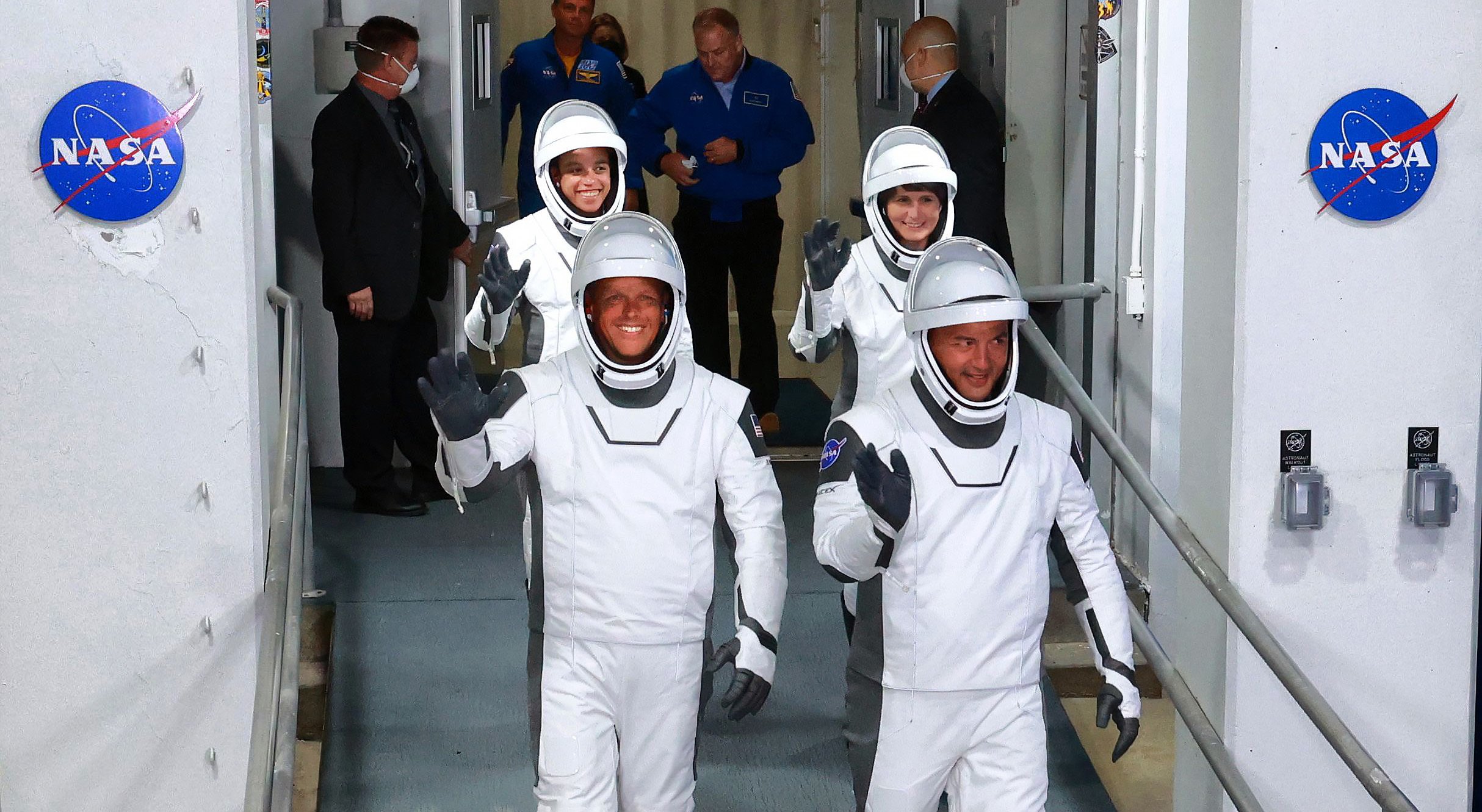 NASA's Crew-4 mission astronauts prepare for liftoff to the International Space Station onboard a SpaceX Falcon 9 rocket from Kennedy Space Center in April 2022. From left, NASA astronauts Jessica Watkins and Robert Hines; ESA astronaut Samantha Cristoforetti; and NASA astronaut Kjell Lindgren