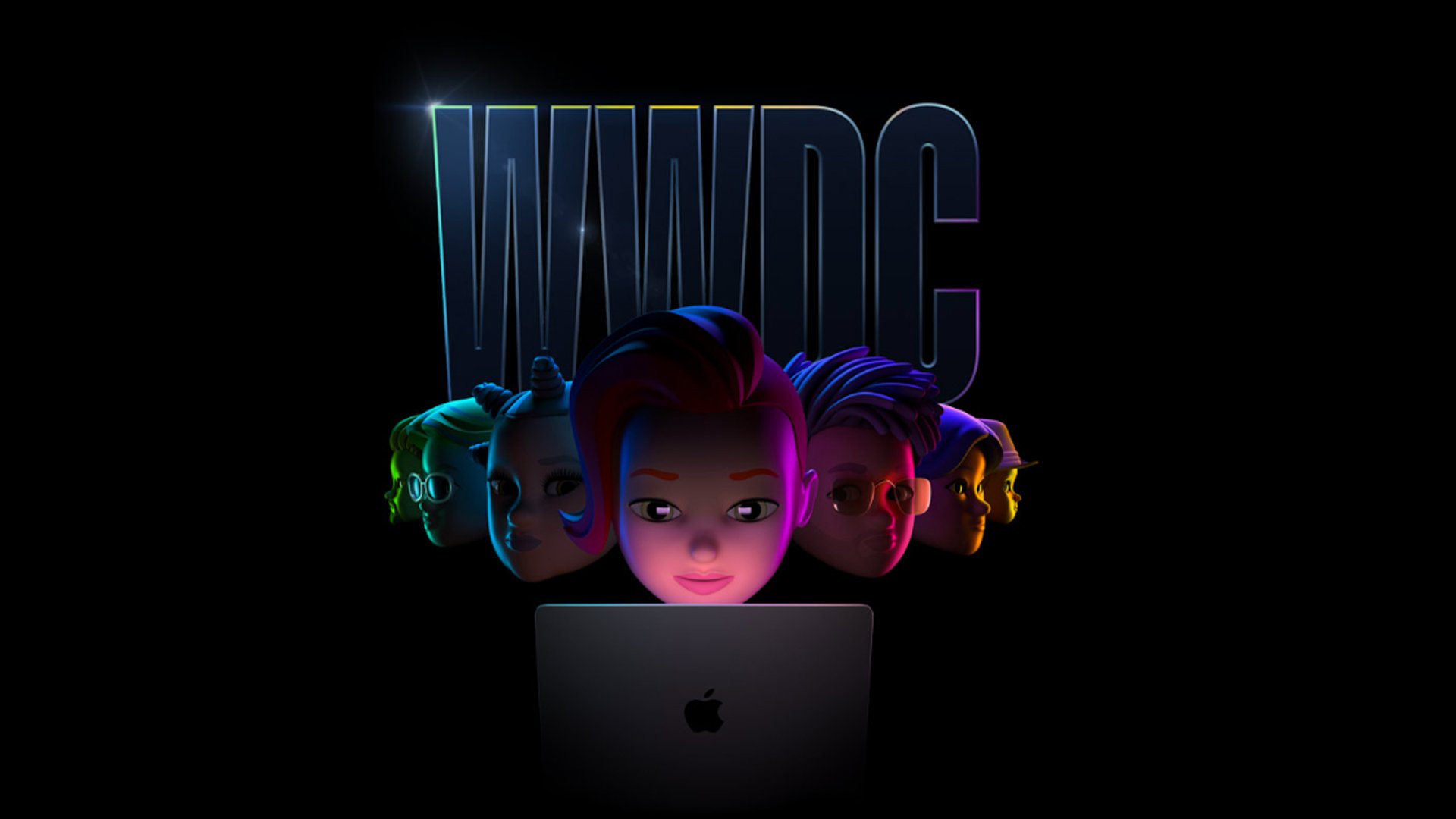 Apple's promotional image for WWDC showing characters in front of a laptop.