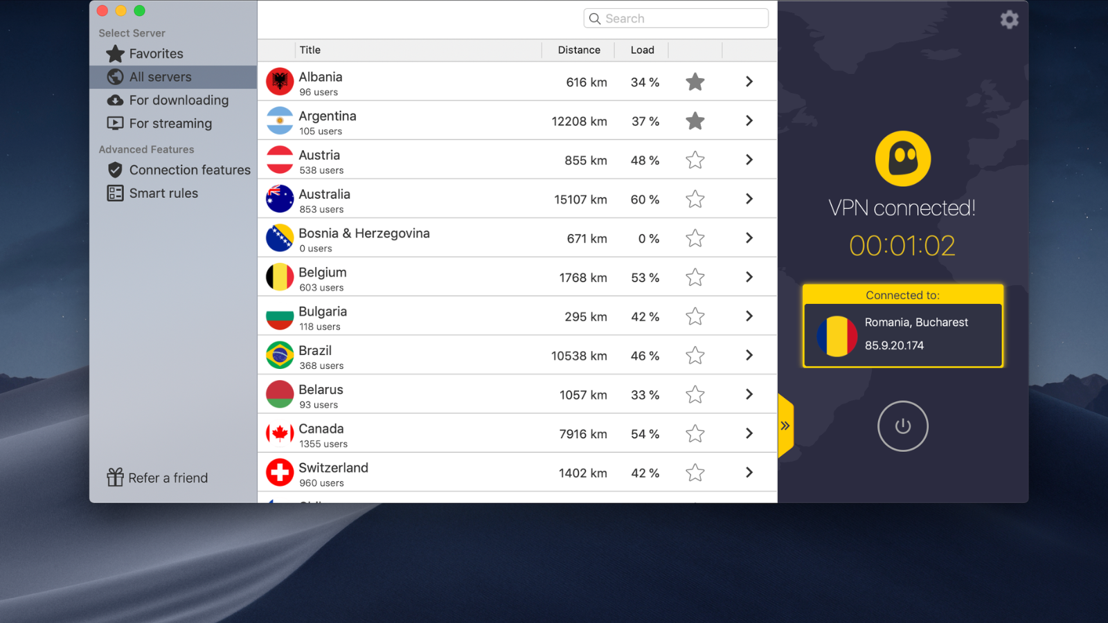 a screenshot of the cyberghost vpn app displaying a server list on a mac desktop