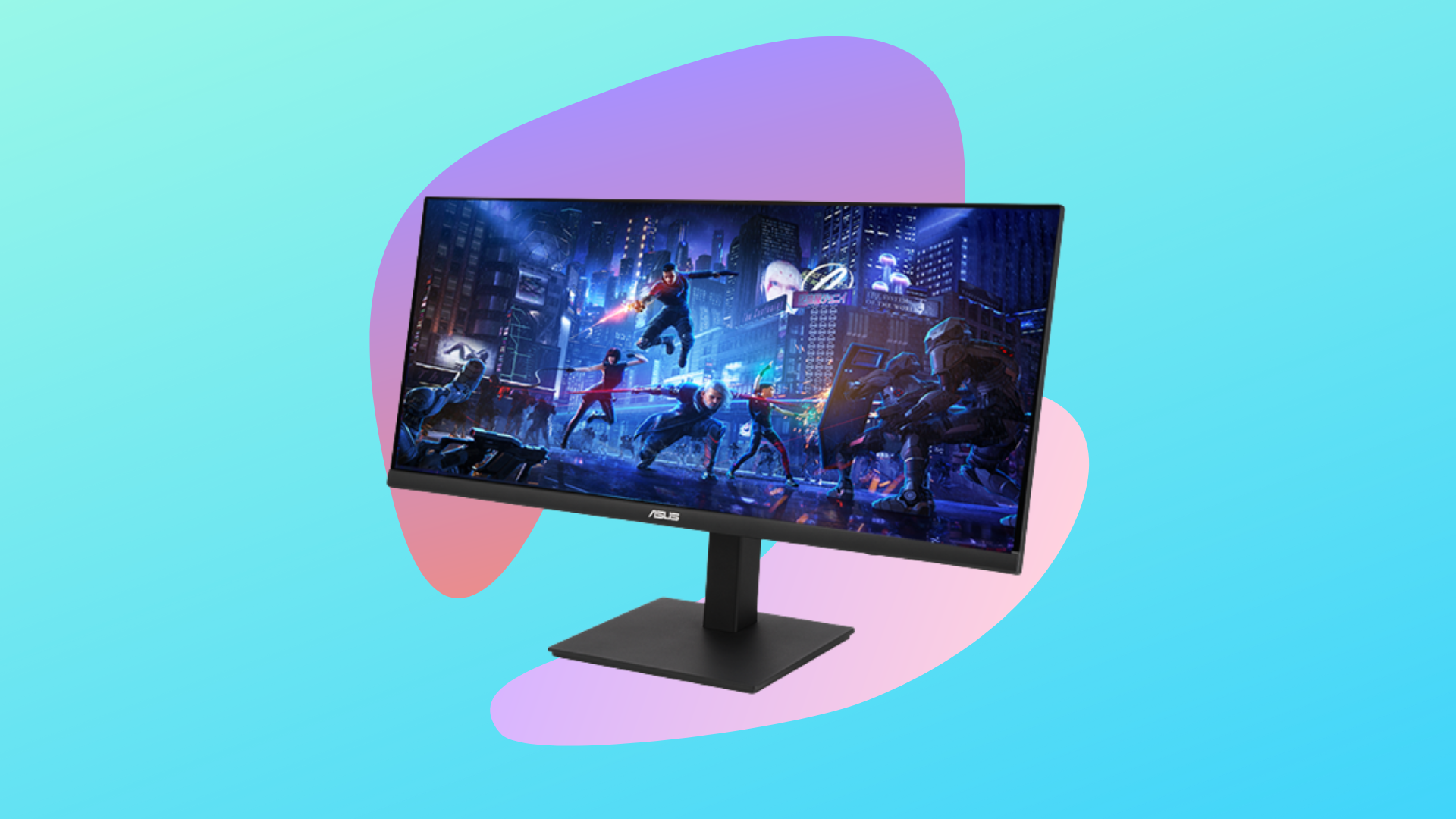 Asus 34-inch ultrawide gaming monitor with video game on display